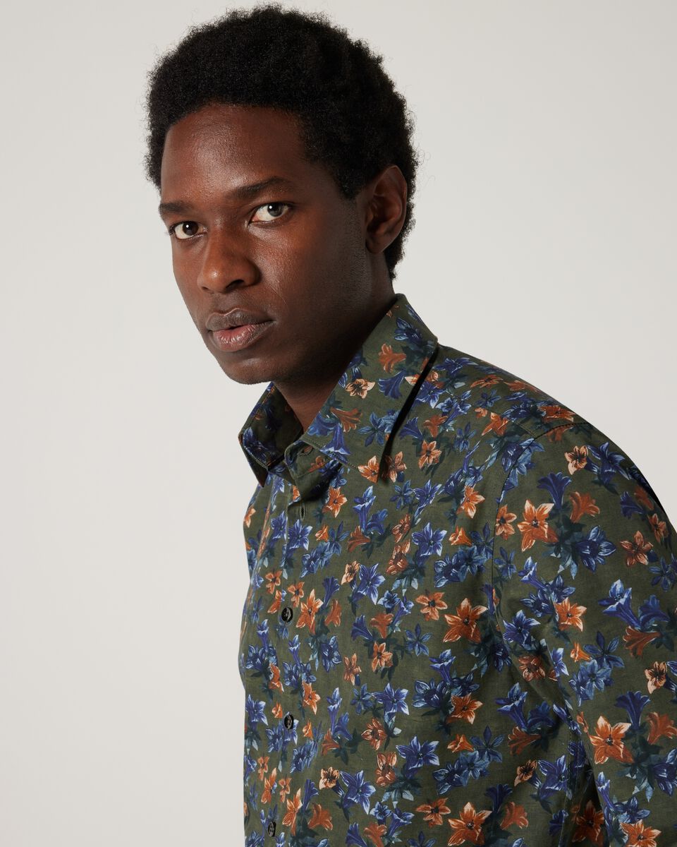 Slim Stretch Fit Premium Italian Floral Print Long Sleeve Shirt, Khaki, hi-res